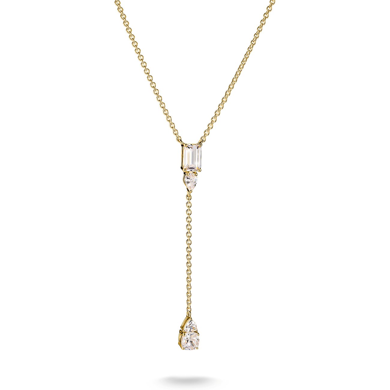 Thomas Sabo Halsschmuck aus goldfarbenem Silber mit Zirkonia, ein Y-förmiges Collier mit funkelnden Steinen.