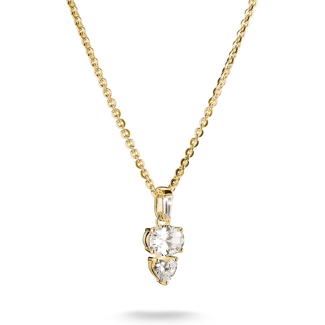 Thomas Sabo halskæde i guldfarvet sølv med zirkonia: en rund og en hjerteformet sten.