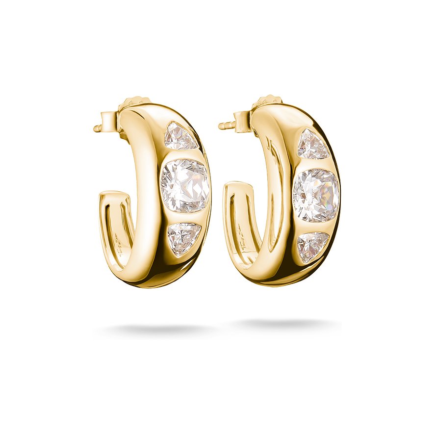 Ein Paar Thomas Sabo Ohrringe aus goldplattiertem Silber, besetzt mit funkelnden Zirkonia-Steinen in verschiedenen Schliffen.