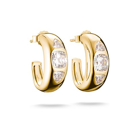 Ein Paar Thomas Sabo Ohrringe aus goldplattiertem Silber, besetzt mit funkelnden Zirkonia-Steinen in verschiedenen Schliffen.