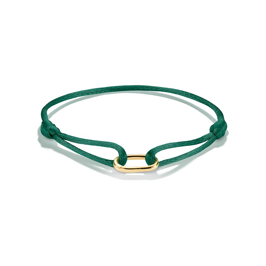 Bracciale Thomas Sabo: Un bracciale in seta verde con un ciondolo dorato allungato e singolo al centro.