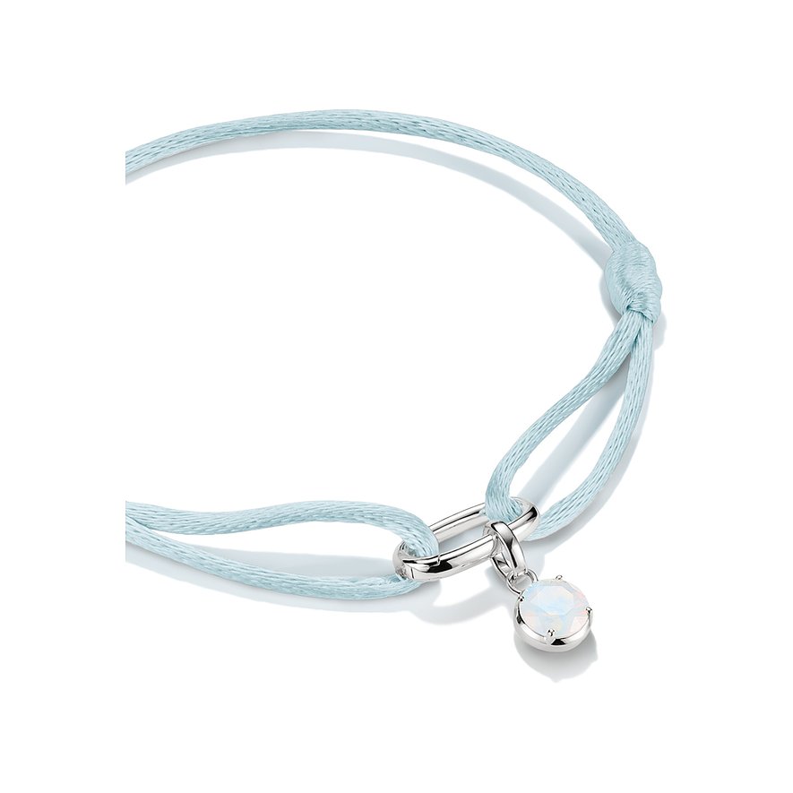 Bracciale Thomas Sabo in argento con nastro azzurro e ciondolo rotondo con effetto opale.