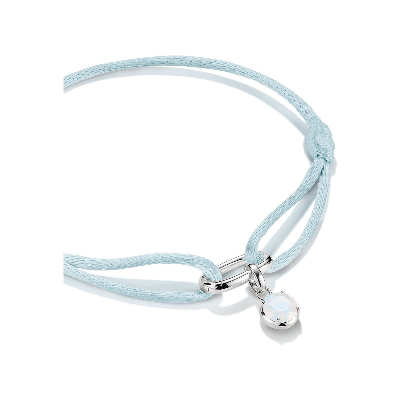 Bracciale Thomas Sabo in argento con nastro azzurro e ciondolo rotondo con effetto opale.