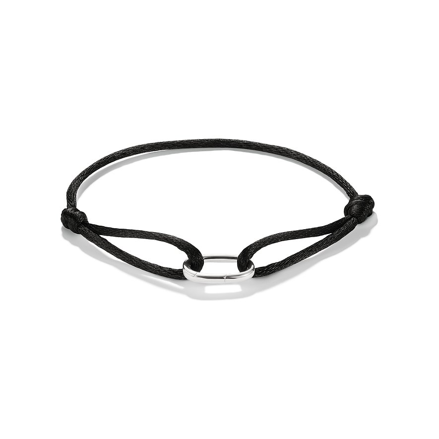 Bracciale Thomas Sabo: cordino nero e elemento ovale centrale in argento lucido.