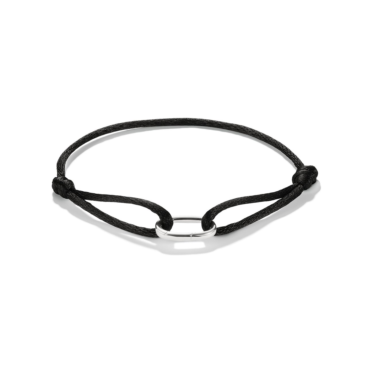 Bracciale Thomas Sabo: cordino nero e elemento ovale centrale in argento lucido.