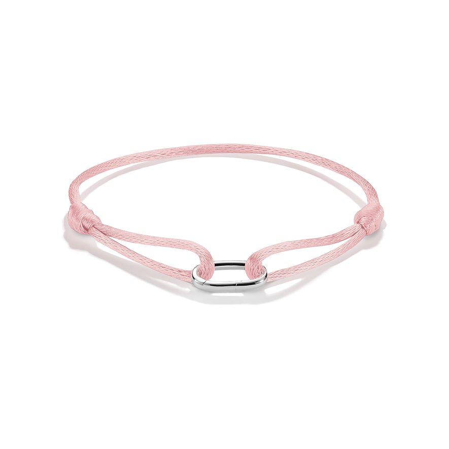 Bracciale Thomas Sabo: cinturino tessile rosa con un elemento ovale centrale color argento.