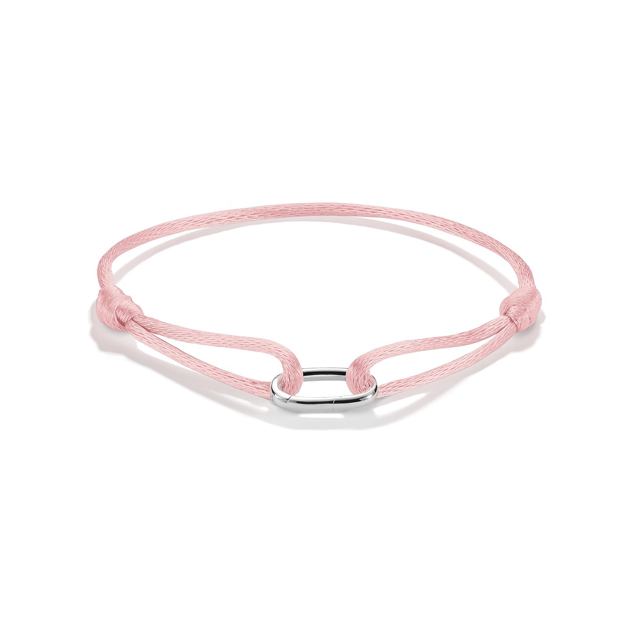 Bracciale Thomas Sabo: cinturino tessile rosa con un elemento ovale centrale color argento.