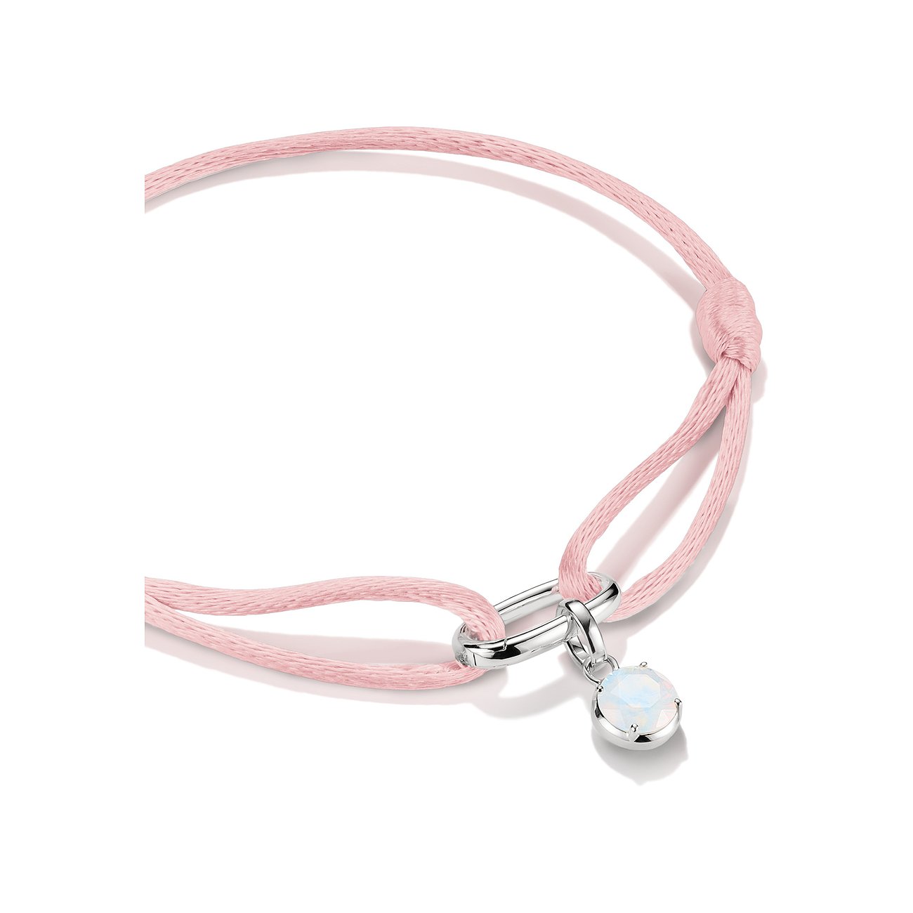 Bracciale Thomas Sabo in argento con nastro tessile rosa e un charm ovale scintillante.