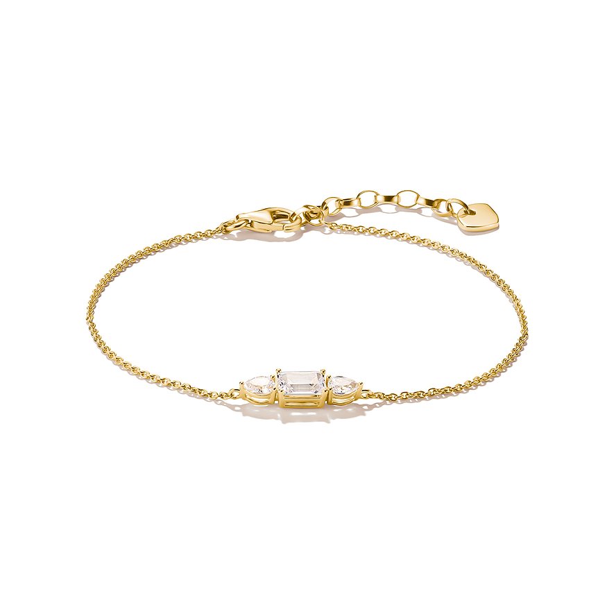 Thomas Sabo armband i förgyllt silver med rektangulär zirkonia i mitten och två droppformade zirkoniastenar.