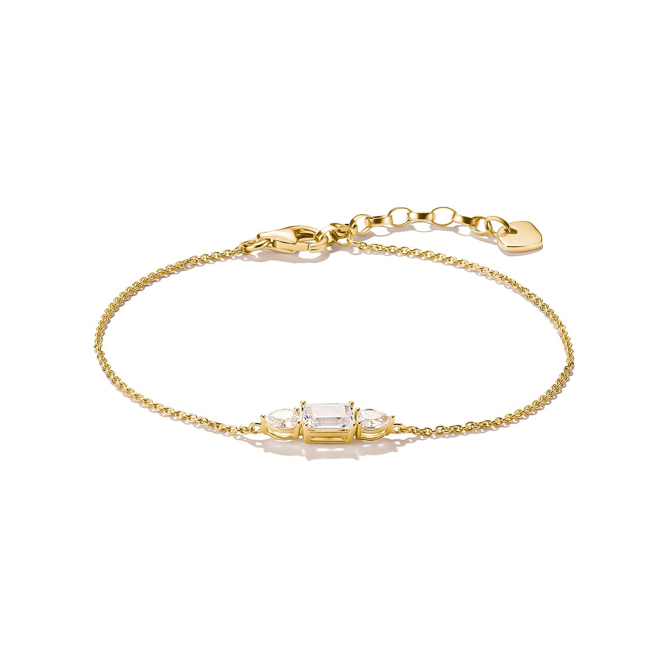 Thomas Sabo armband i förgyllt silver med rektangulär zirkonia i mitten och två droppformade zirkoniastenar.