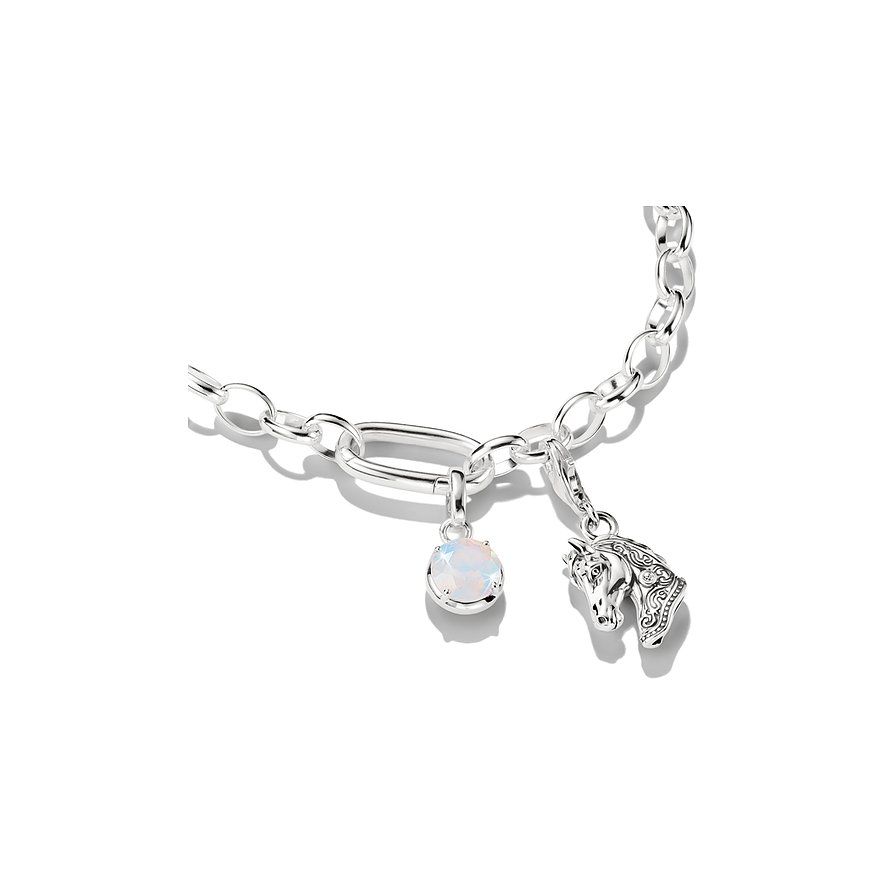 Thomas Sabo Silberarmband mit Karabinerverschluss, Anhänger mit leuchtendem Zirkonia und Pferde-Charm.