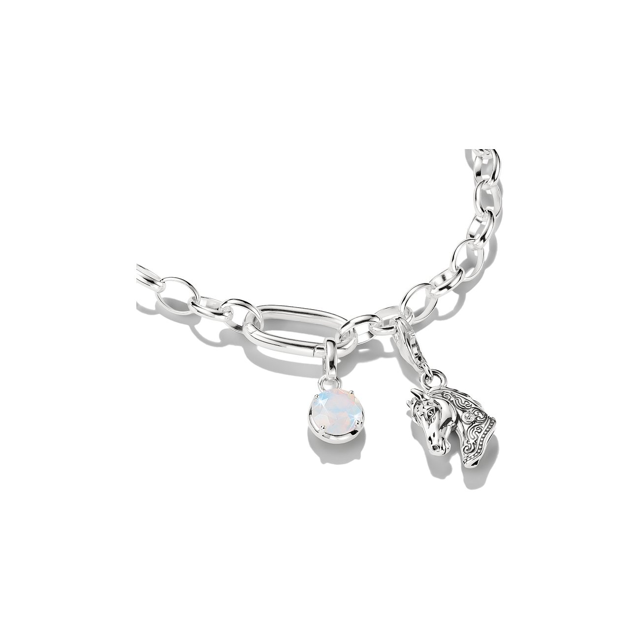 Thomas Sabo Silberarmband mit Karabinerverschluss, Anhänger mit leuchtendem Zirkonia und Pferde-Charm.