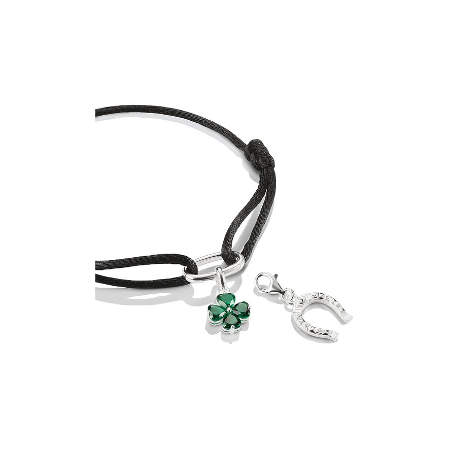 Bijou pendentif Thomas Sabo : un bracelet cordon noir avec un pendentif trèfle en argent et zircons.