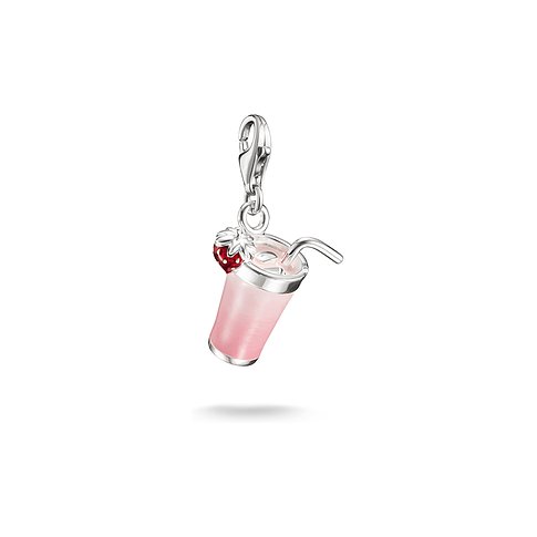 Bijou pendentif Thomas Sabo en argent et émail, en forme de milkshake rose avec une paille argentée.