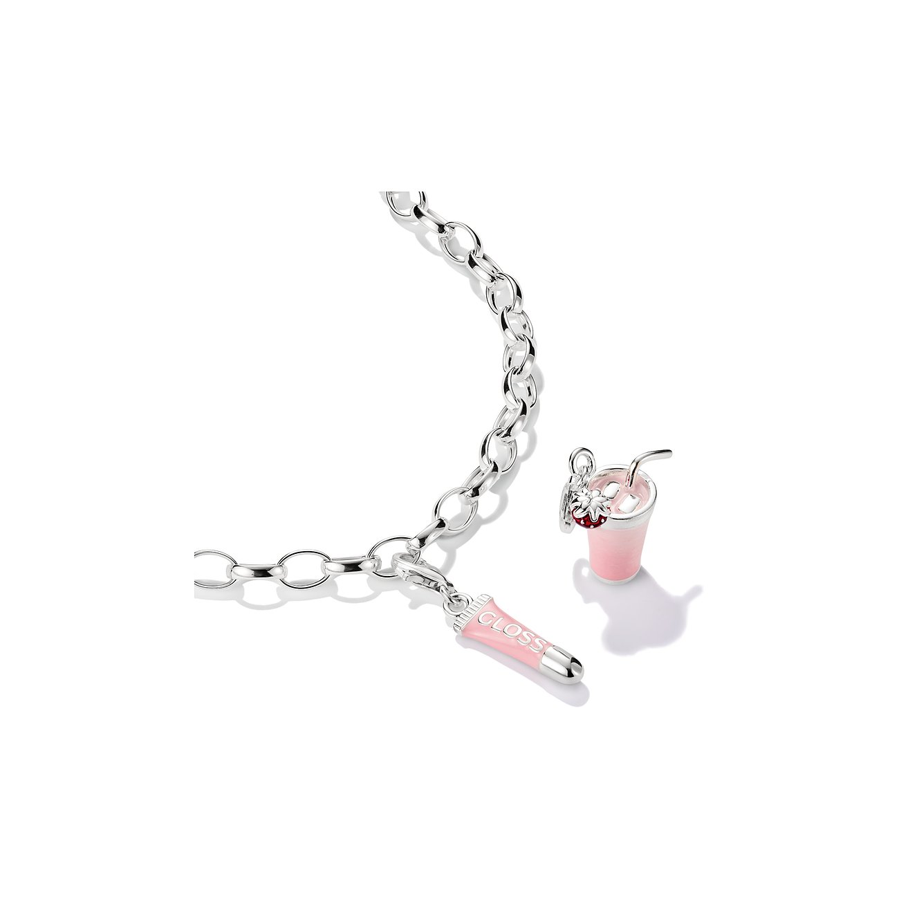 Thomas Sabo zilveren armband met roze lipgloss bedel en aparte zilveren en emaille milkshake bedel.