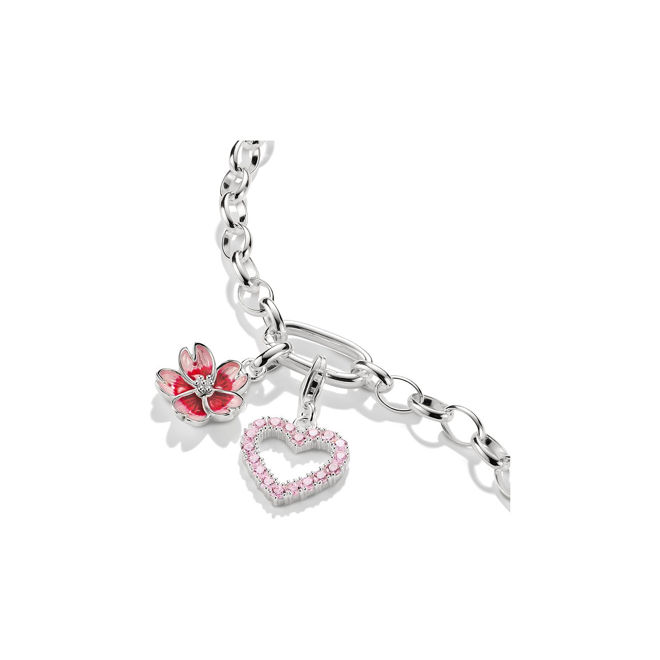 Thomas Sabo Silber Charm-Anhänger mit herzförmigem Zirkonia-Stein und pink emaillierter Blume auf einer Kette.