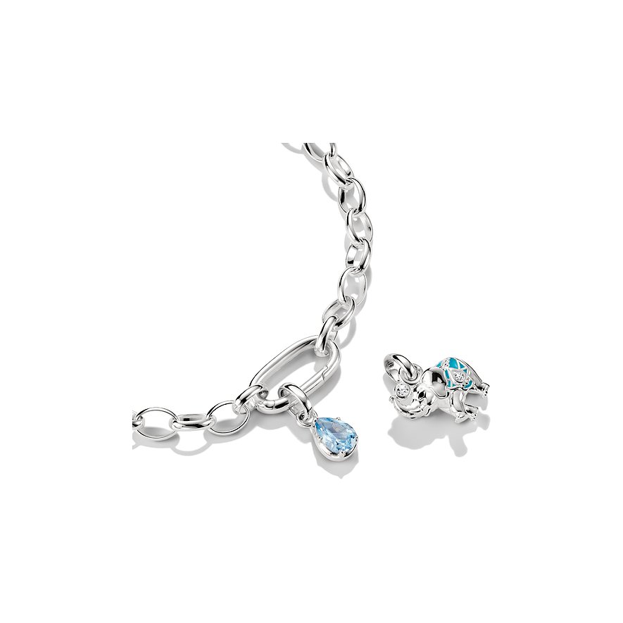 Thomas Sabo Silberarmband aus Kettengliedern mit birnenförmigem Zirkonia-Anhänger und kleinem Emaille-Elefantenanhänger.