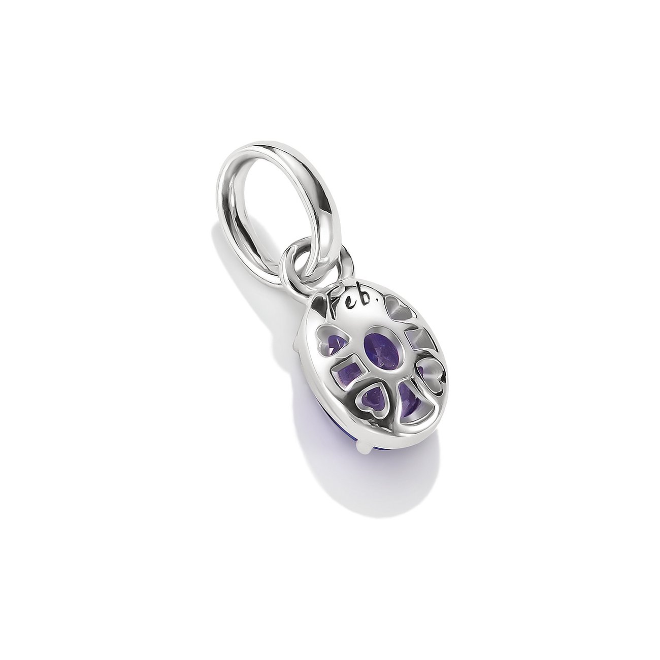 Gioiello pendente Thomas Sabo in argento con zirconi viola di varie forme, visto in diagonale da dietro.