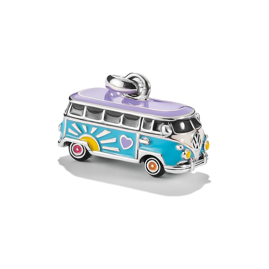 Thomas Sabo Anhänger: silberner Hippie-Bus mit lila Dach, türkiser Emaille, Sonne- und Herzmotiven.