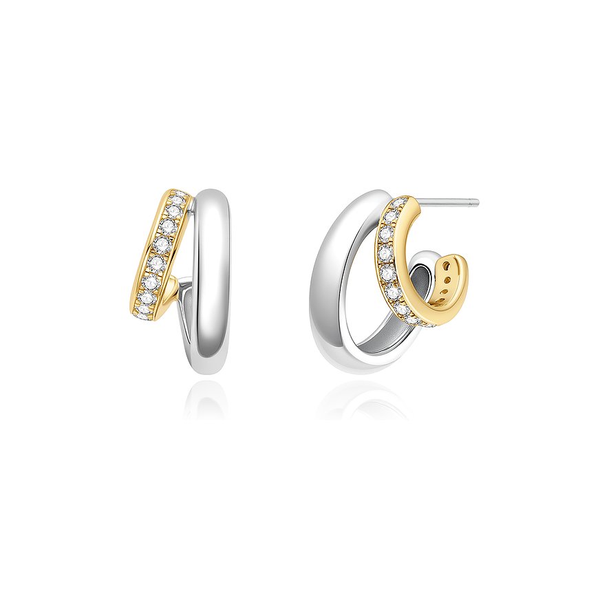 Deux clous d'oreilles Ania Haie en argent, encadrant un anneau doré serti de pierres de couleur zircon.