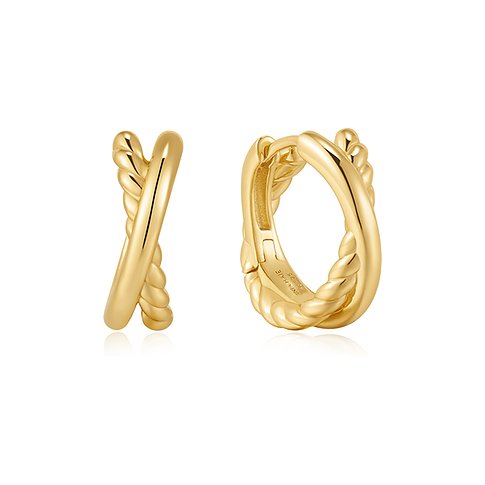 Guldfarvede Ania Haie øreringe, 925 sølv, krydsbåndsdesign, én glat streng, den anden snoet.