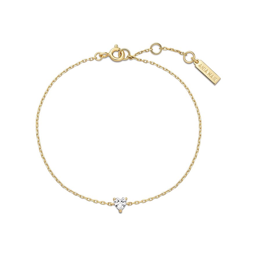 Ania Haie armband van verguld 925 zilver met hart zirkonia in het midden, met sluiting en verlengstuk.