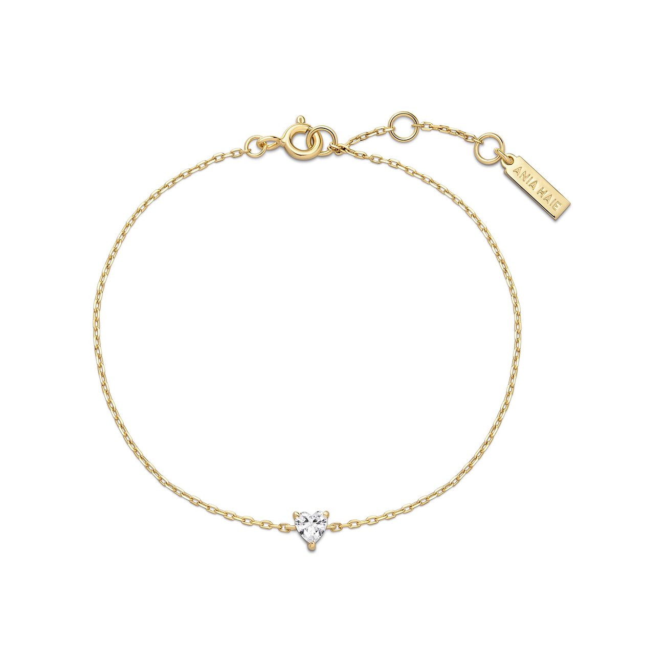 Ania Haie armband van verguld 925 zilver met hart zirkonia in het midden, met sluiting en verlengstuk.