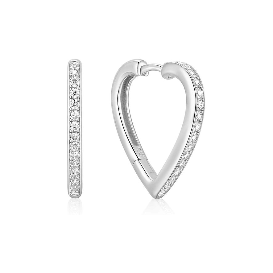 Ania Haie Ohrring aus 925er Silber in Herzform mit weißen Zirkonia, daneben eine passende gerade Stange ebenfalls aus Silber.
