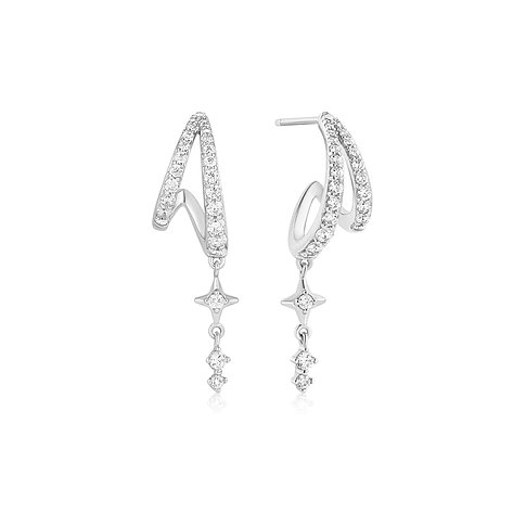 Ania Haie 925 zilveren oorbellen met zirkonia stenen. Dubbelrijige studs met hangende zirkoniasterren.
