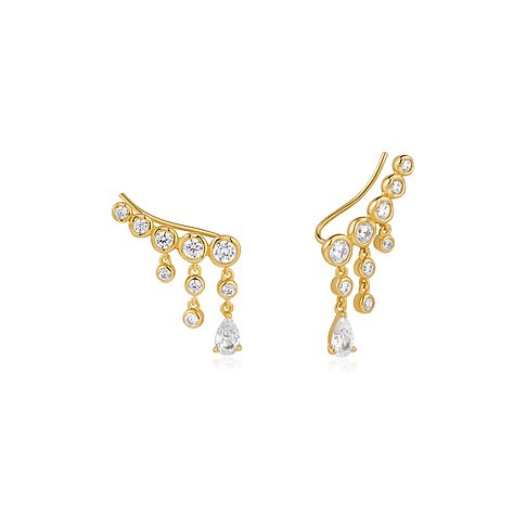 Ein Paar goldene Ania Haie Ear Climber aus 925er Silber mit mehreren Zirkonia-Steinen in runder und tropfenförmiger Fassung.