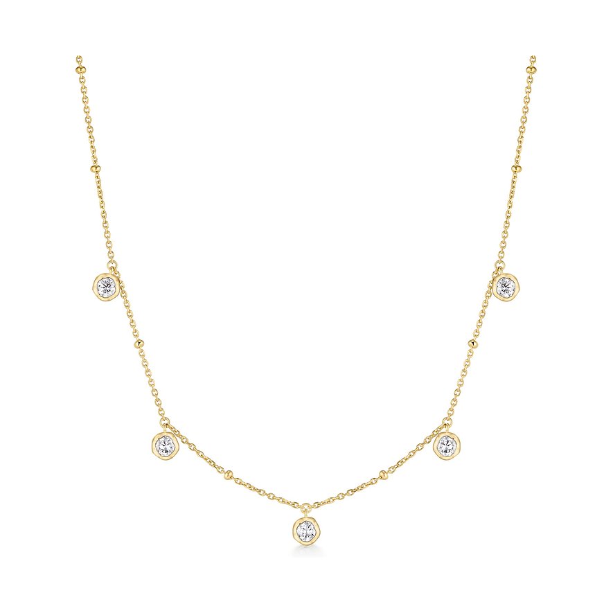 Ania Haie zilverkleurig halssieraad met vijf ronde zirkonia kleurstenen. De ketting is goudkleurig.