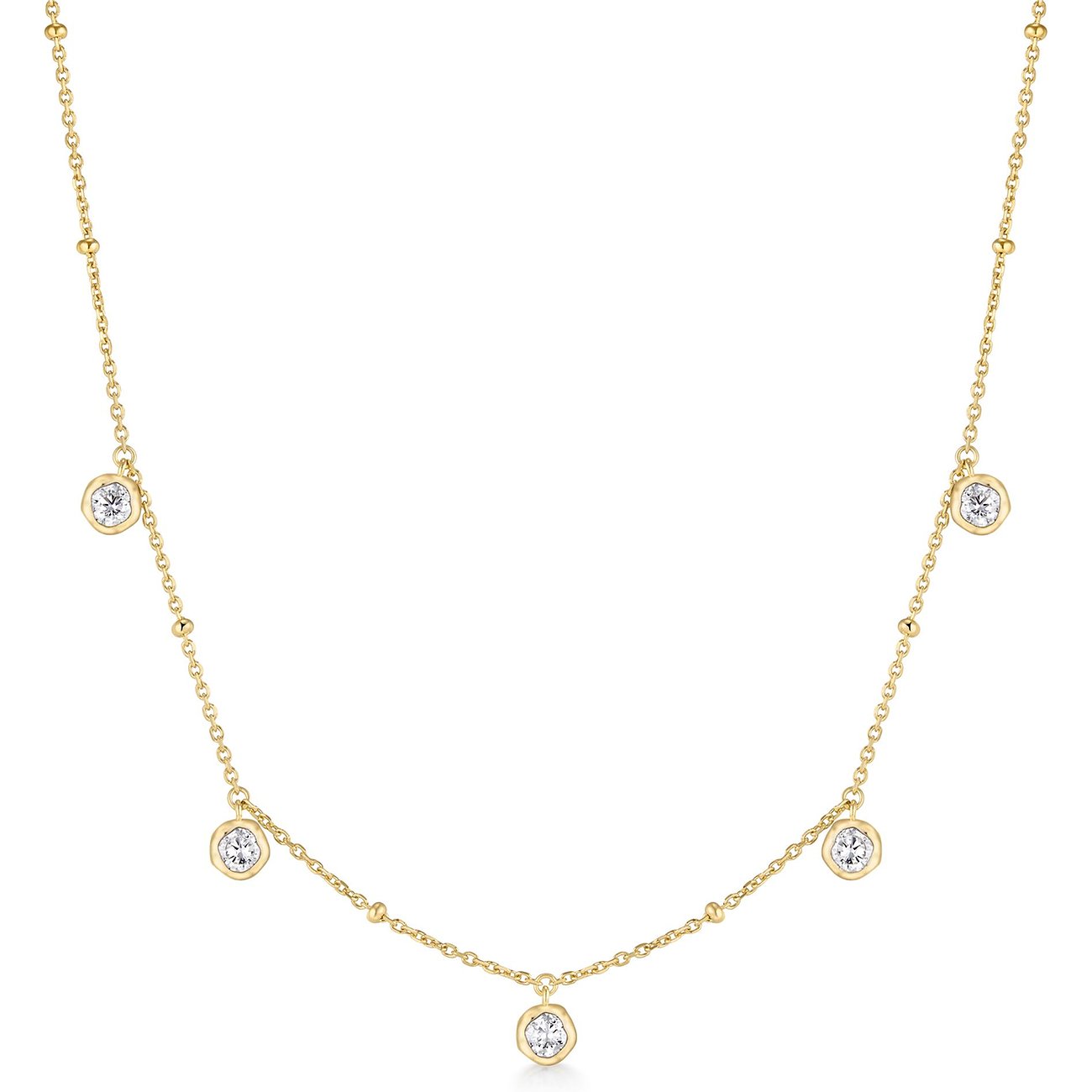 Ania Haie zilverkleurig halssieraad met vijf ronde zirkonia kleurstenen. De ketting is goudkleurig.