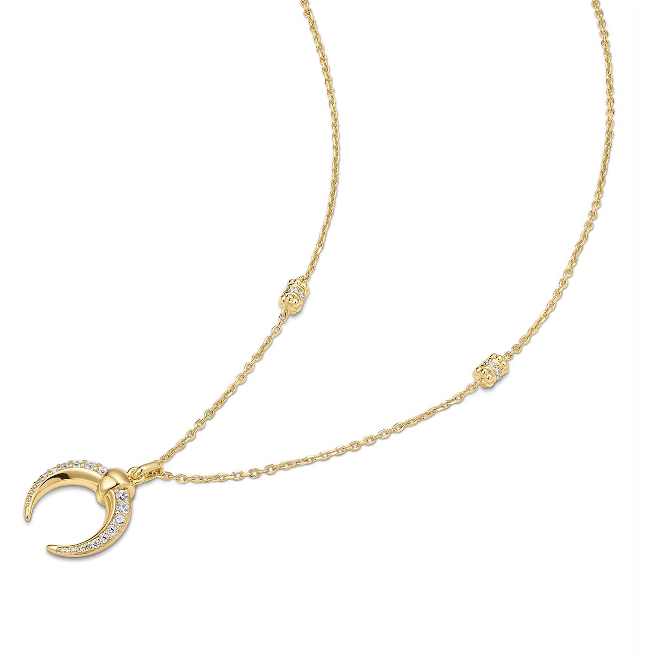 Ania Haie Halsschmuck aus vergoldetem 925er Silber mit dünner Kette und Sichelmond-Anhänger mit Zirkonia-Steinen.