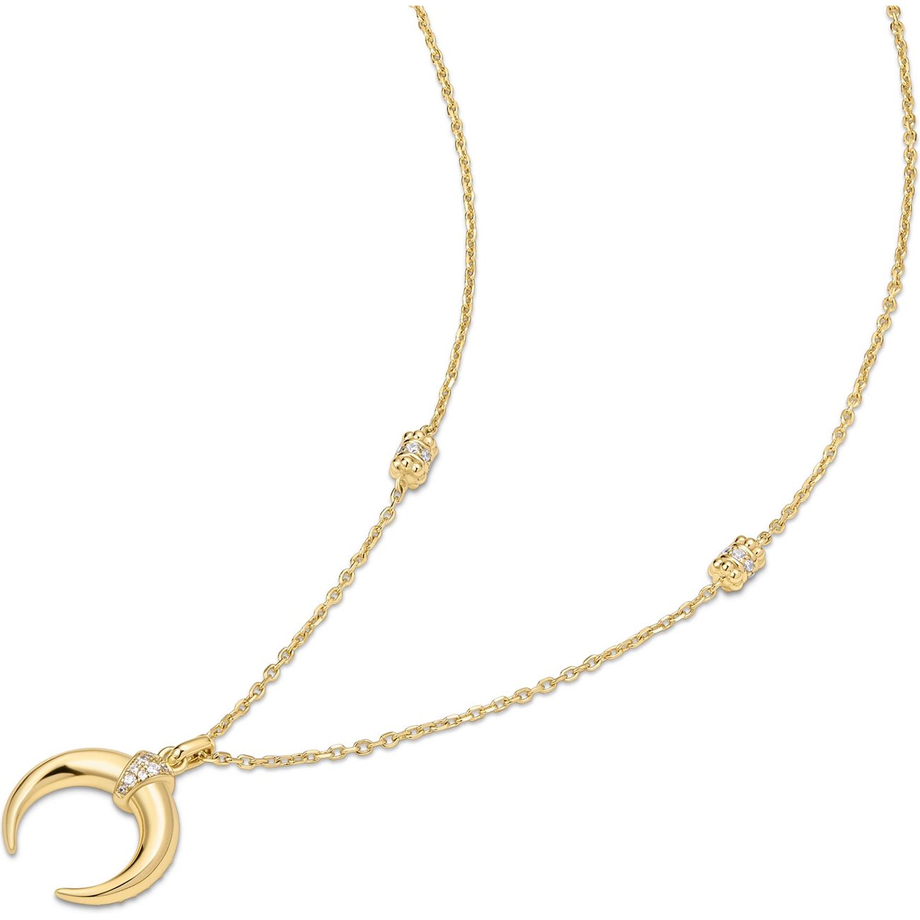 Ania Haie Halsschmuck aus goldfarbenem Silber mit mondförmigem Anhänger und Zirkonia-Verzierung.