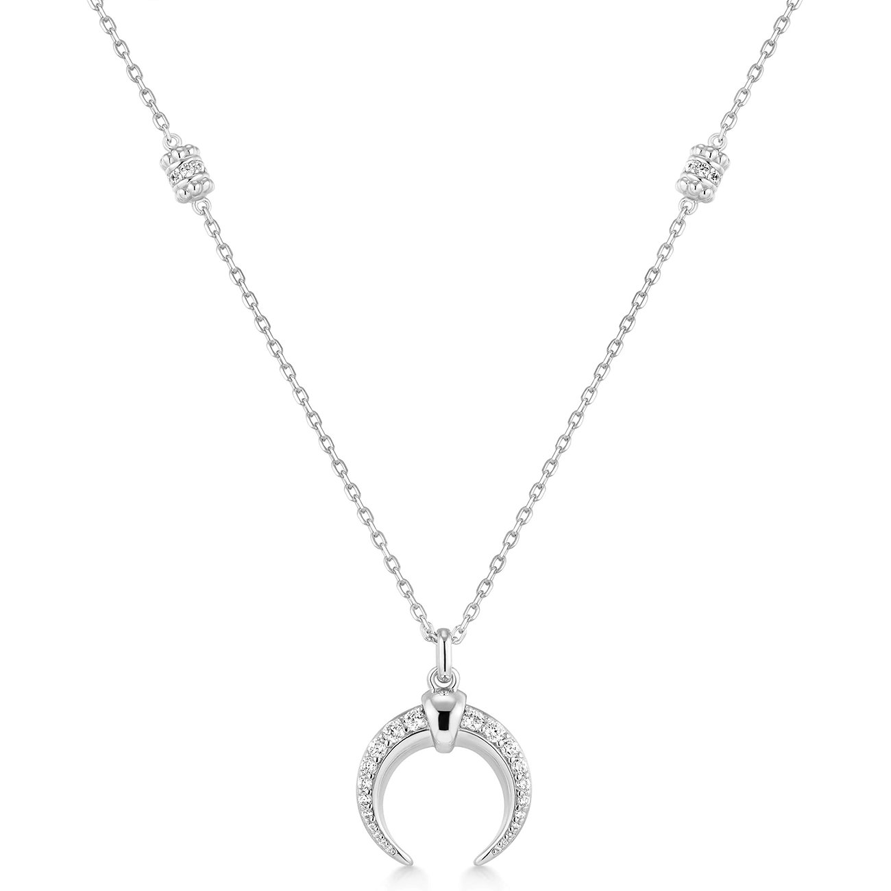 Ania Haie ketting van 925 sterling zilver met zirkonia, een naar beneden gericht maanhangertje aan open ketting.