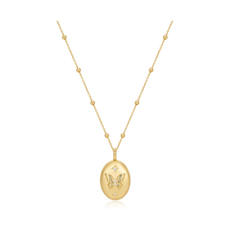 Ania Haie halsketting van goudkleurig zilver met een ovale hanger die een vlinder en zirkonia toont.