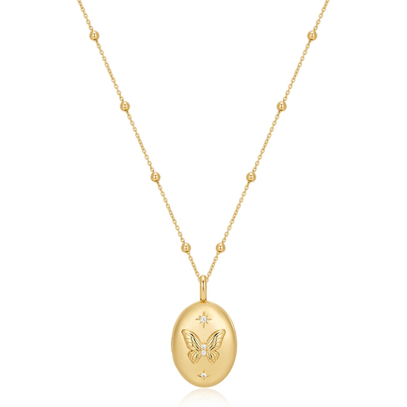 Ania Haie halsketting van goudkleurig zilver met een ovale hanger die een vlinder en zirkonia toont.