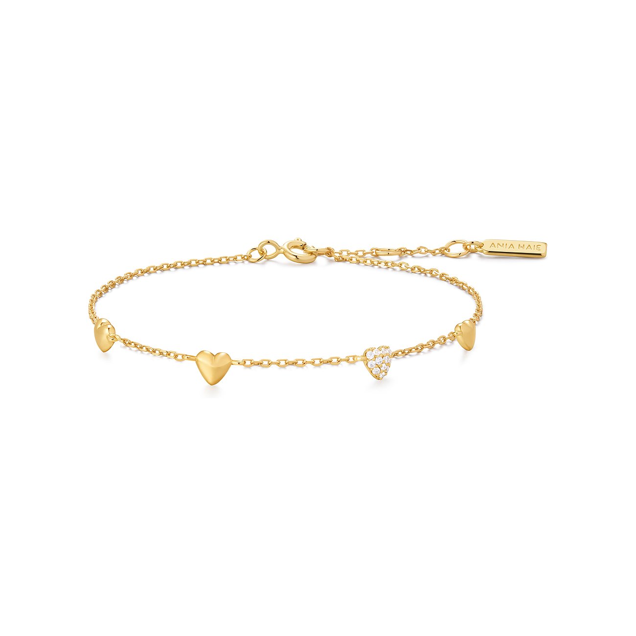 Bracciale Ania Haie in argento placcato oro con cinque ciondoli a cuore, uno con zirconi incolori.