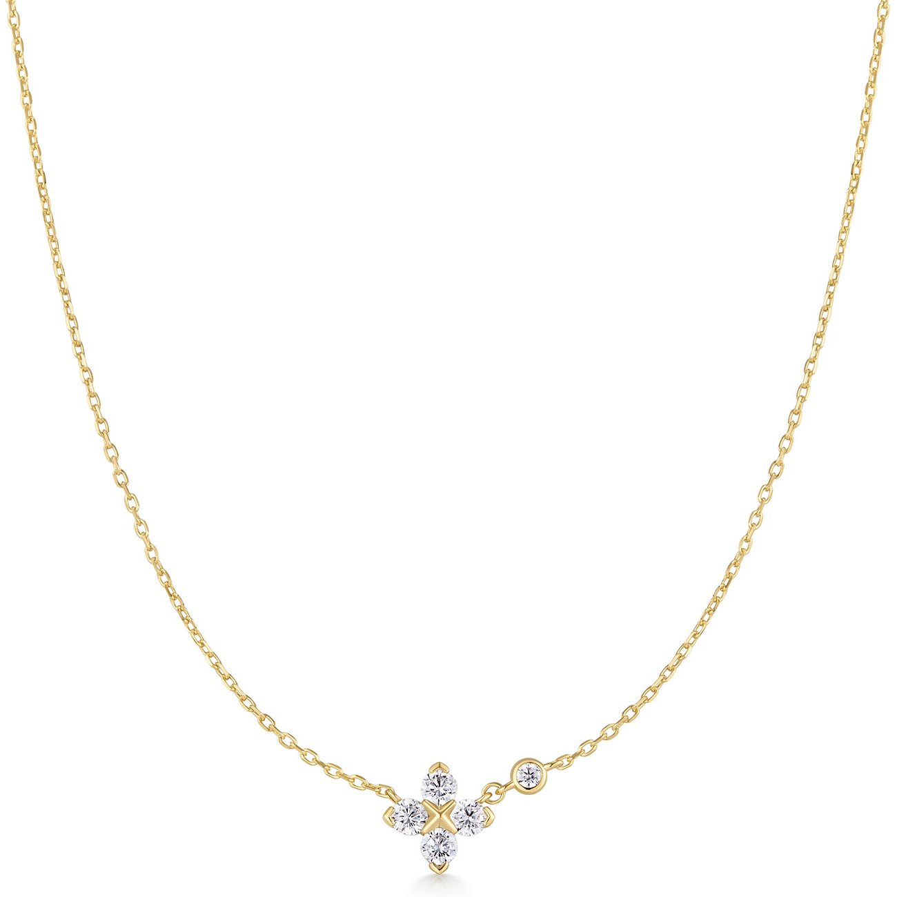 Ania Haie ketting van 925 zilver met zirkonia bloemhanger en een enkele ronde zirkonia, close-up.