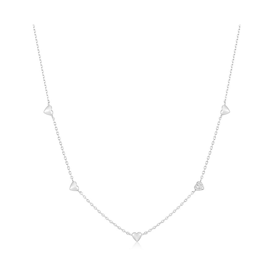 Ania Haie hartvormige zilveren halsketting met een zirkonia hart en vier glanzende harten.