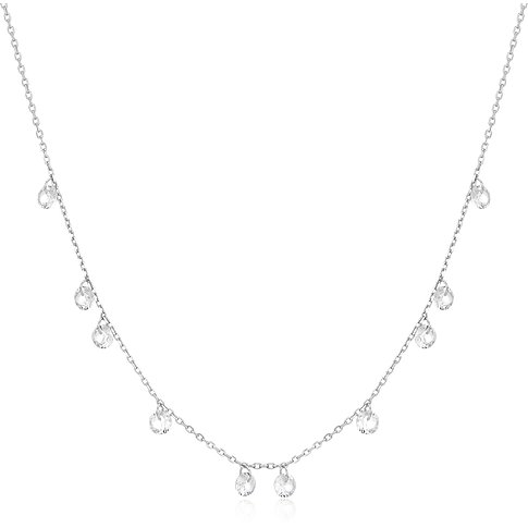 Ania Haie halskæde i 925 sølv med flere hængende zirconia farvede sten på hvid baggrund.