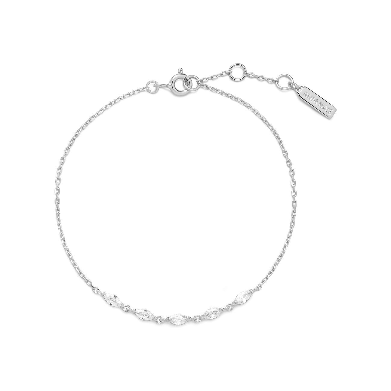 Ania Haie sterling zilveren armband, gezet met zes ovale, heldere zirkonia steentjes op een rij.