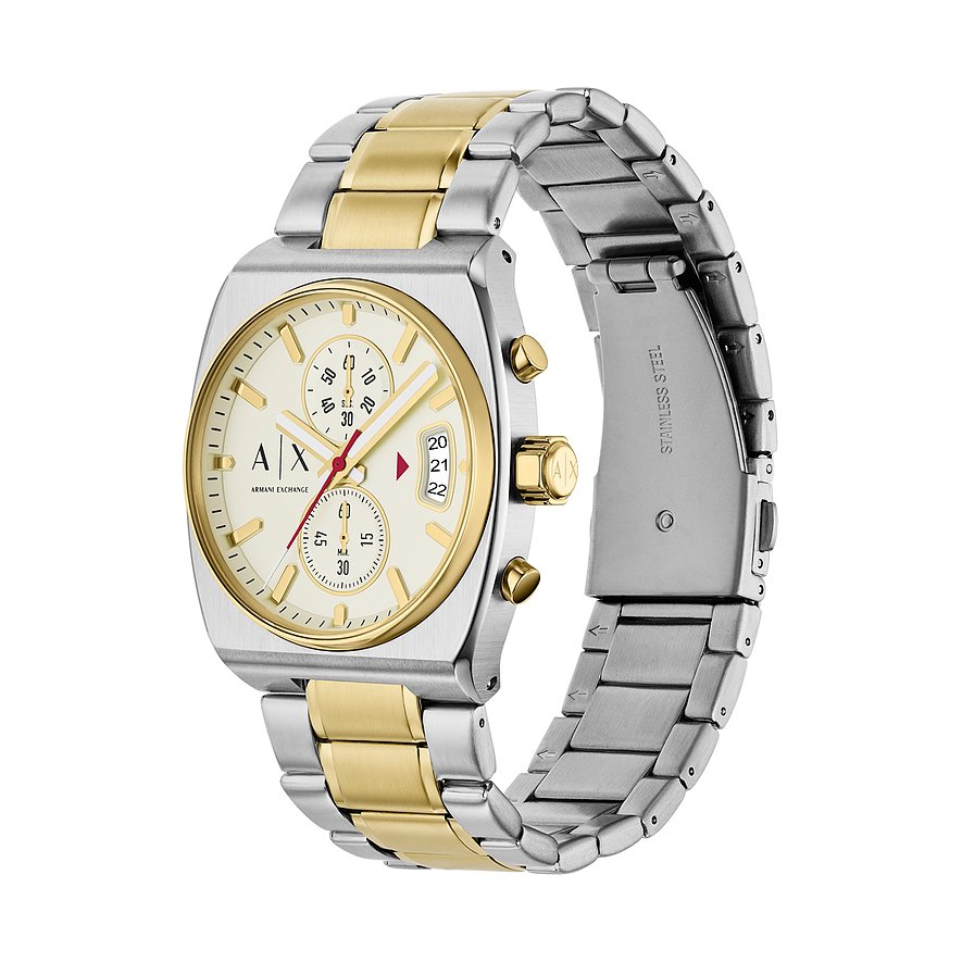 Armani Exchange Herrenuhr aus gold- und silberfarbenem Edelstahl mit eckigem Zifferblatt und Chronographenfunktion.