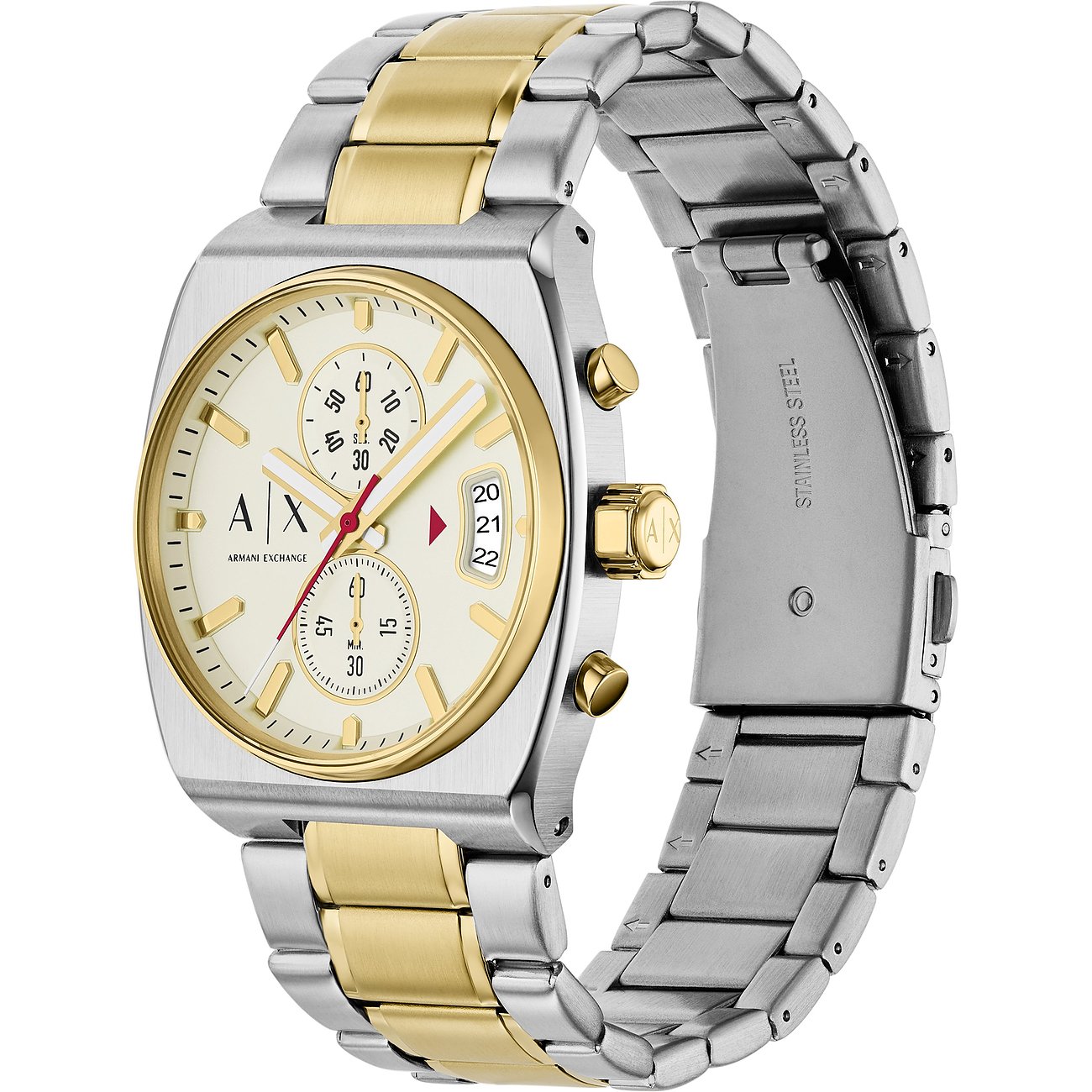 Armani Exchange Herrenuhr aus gold- und silberfarbenem Edelstahl mit eckigem Zifferblatt und Chronographenfunktion.