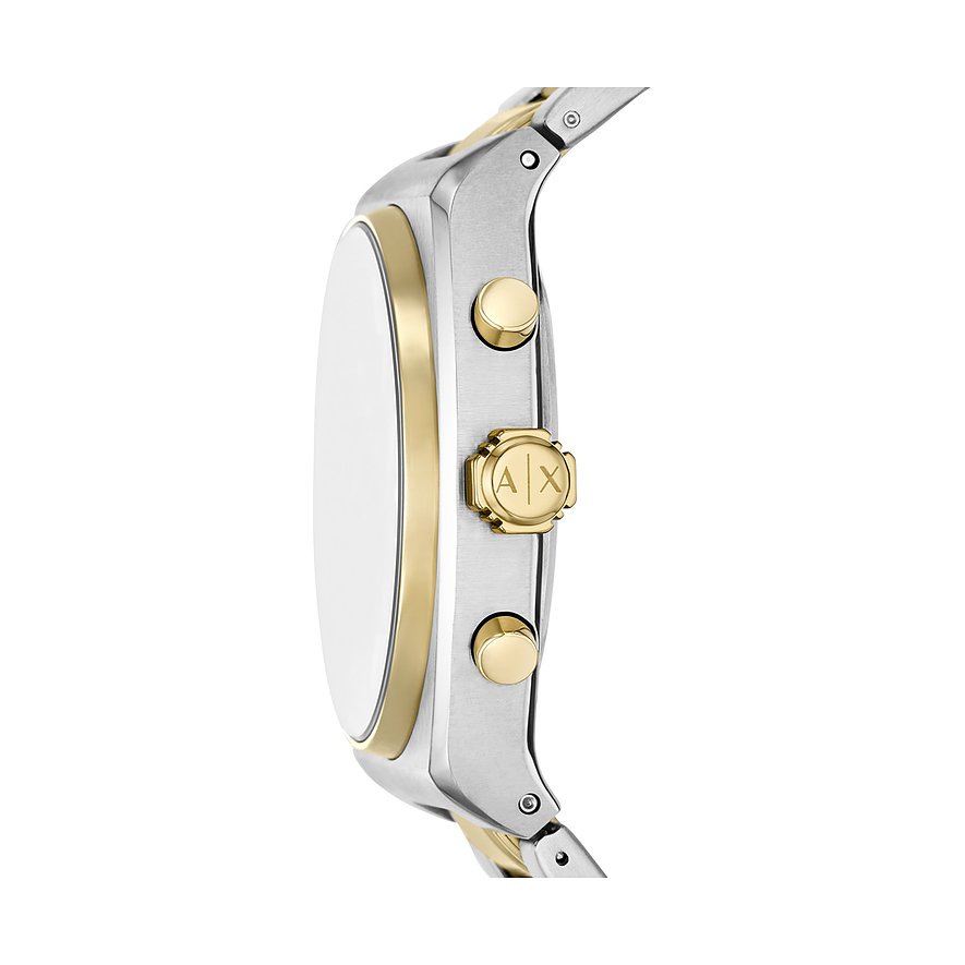 Seitenansicht der Armani Exchange Herrenuhr aus Edelstahl, gold- und silberfarben, mit einem A|X-Logo auf der Krone.