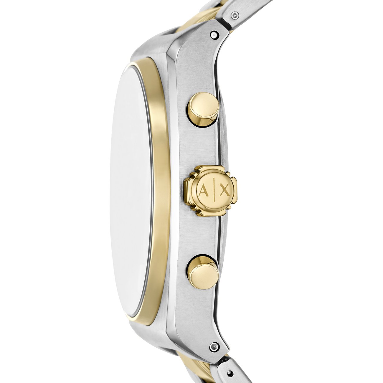 Seitenansicht der Armani Exchange Herrenuhr aus Edelstahl, gold- und silberfarben, mit einem A|X-Logo auf der Krone.