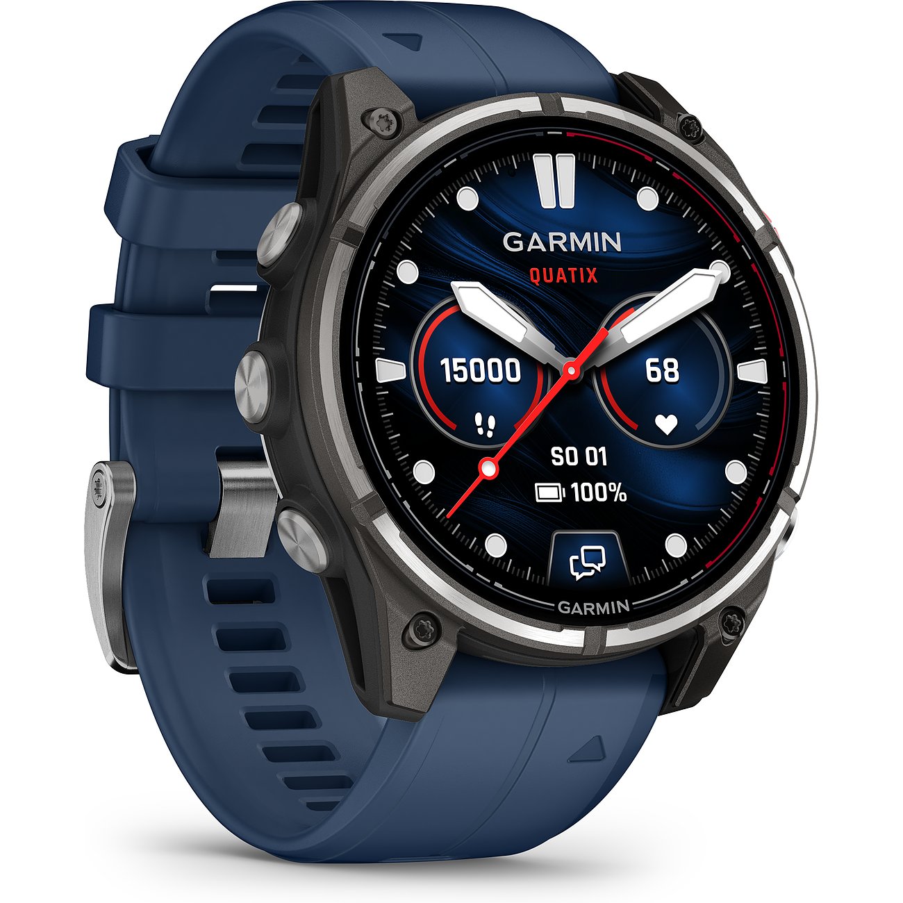 Eine schräg gestellte Garmin Smartwatch aus Metall mit dunkelblauem Armband und beleuchtetem Zifferblatt.