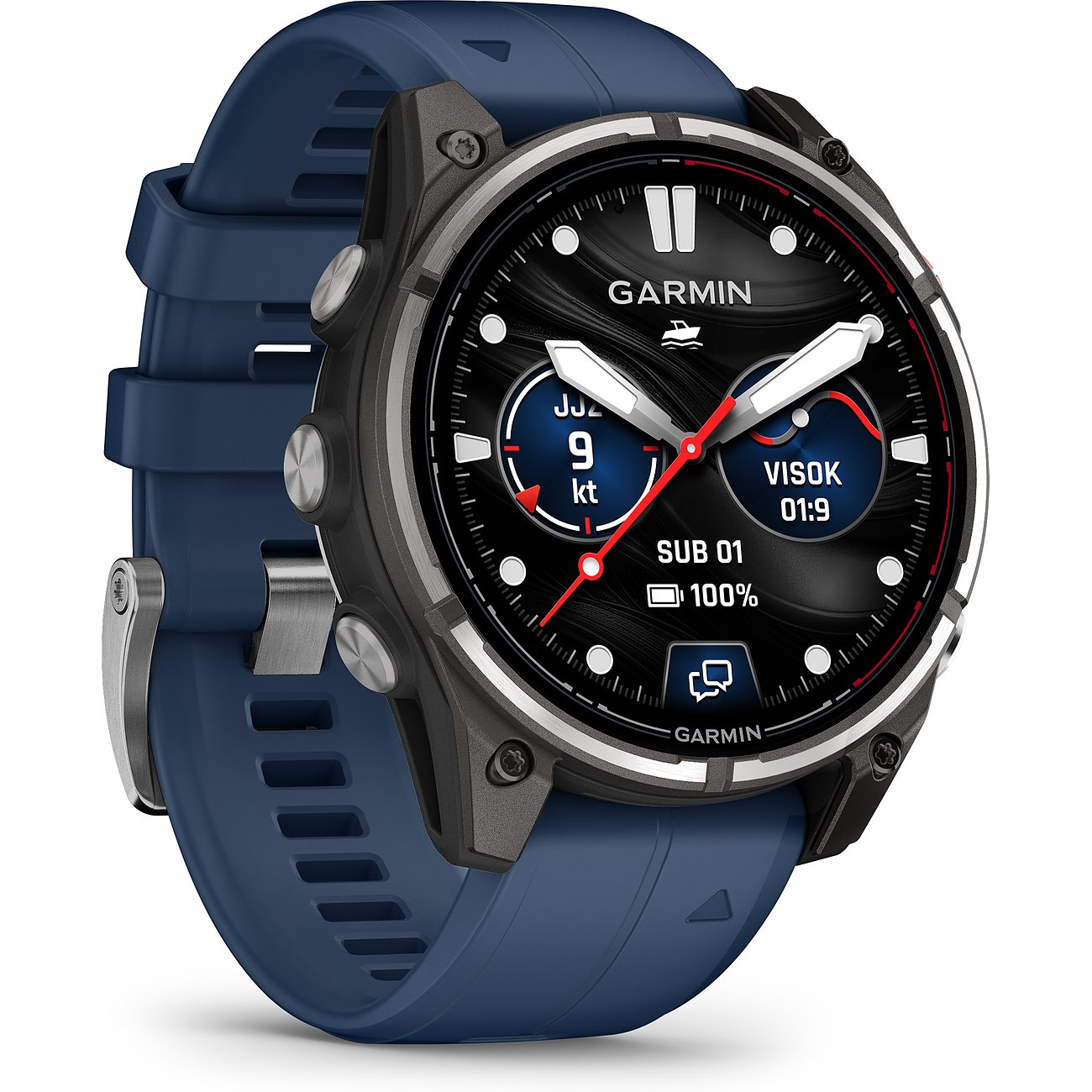 Eine Garmin Smartwatch aus Metall mit einem dunkelblauen Sportarmband ist schräg von vorne zu sehen.