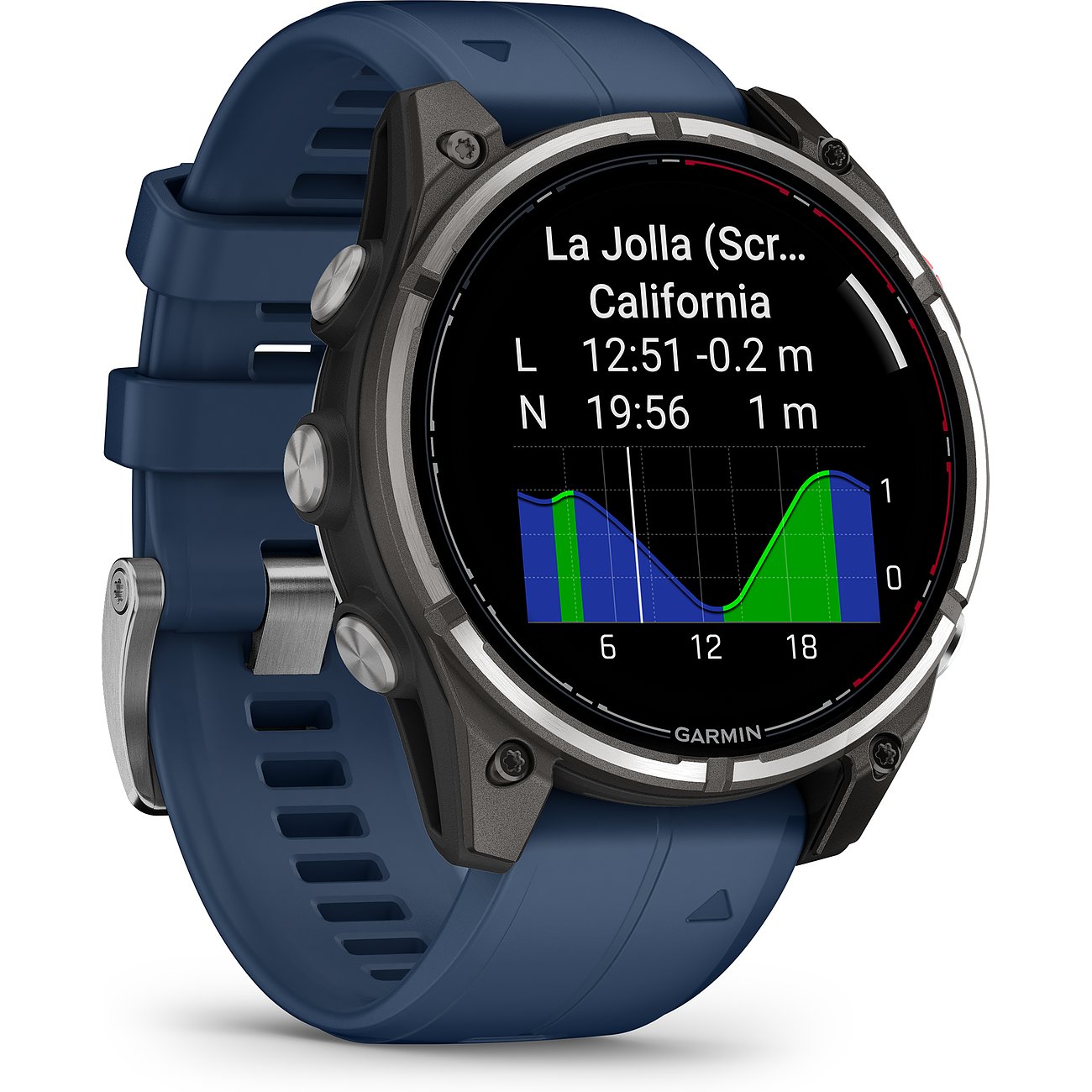Nahaufnahme einer Garmin Smartwatch aus Metall mit dunkelblauem Armband, die eine Fitness-App auf dem Zifferblatt anzeigt.