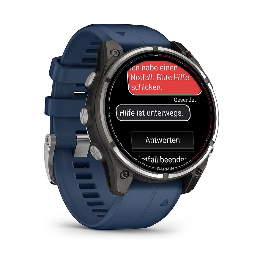 Eine Garmin Smartwatch aus Metall mit dunkelblauem Armband zeigt eine Notfallmeldung auf dem Display.